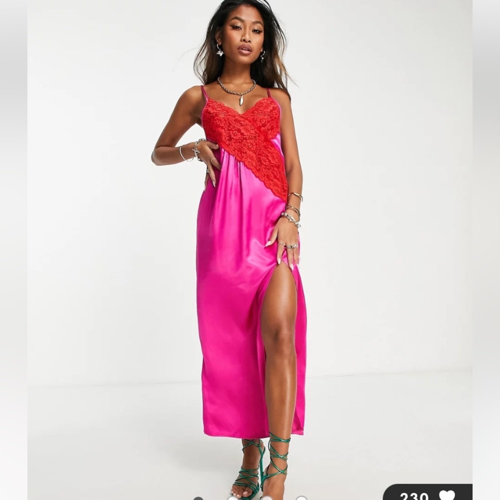 NWT TOPSHOP Contrast Lace Color Block Slip Dress In Pink, Size 4